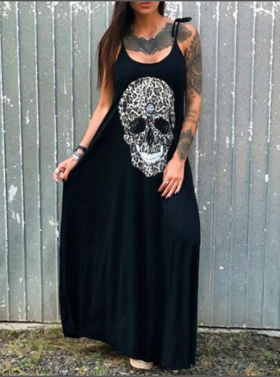 2021 Summer Dress Women Casual Punk Loose Short Sleeve Skull Print Female Dress Streetwear Side High Split Flower Female Vestido