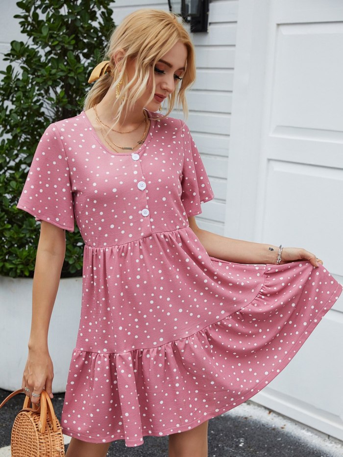 Women Dress Polka Dot Print Summer Short Sleeve Casual Mini Dresses O-neck Button Loose Pleated Vintage Beach Party Sundress