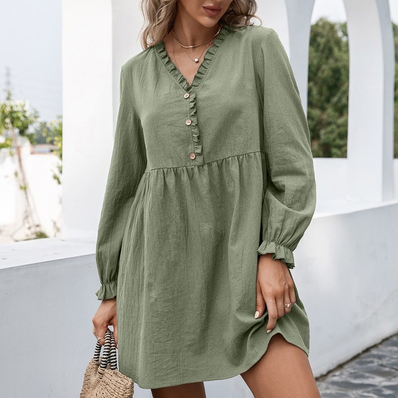 Loose Pullover Pure Color A-Line Dress 2021 Fall Winter Casual Women's Dress With Wood Ears And Lotus Sleeves V-Neck Dress Women