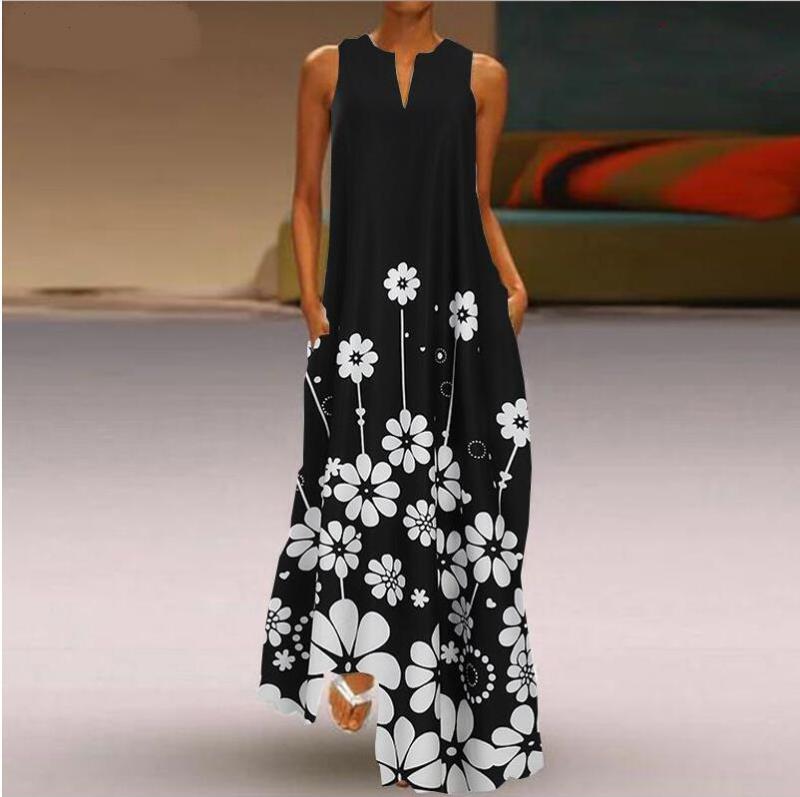 Women's Printed Sundress Bohemian Summer Maxi Dress Pockets Casual Sleeveless Plus Size 5XL Summer Dresses