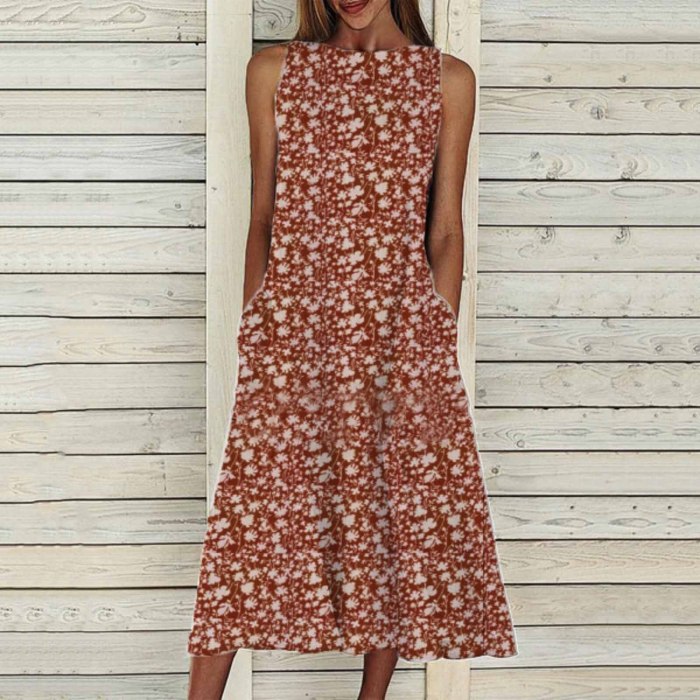 Vintage Floral Printed A-Line Big Swing Pocket Maxi Dress Summer Short Sleeve Party Dress Casual Dresses