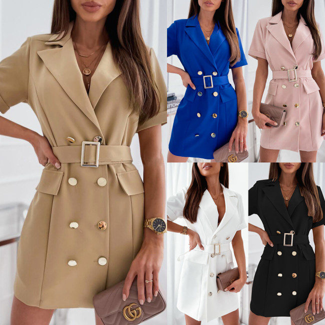 Women Summer Solid Color Pencil Dress Double Breasted Design Belt Decor Turn-down Collar Short Sleeve Mid Waist Slim Mini Dress