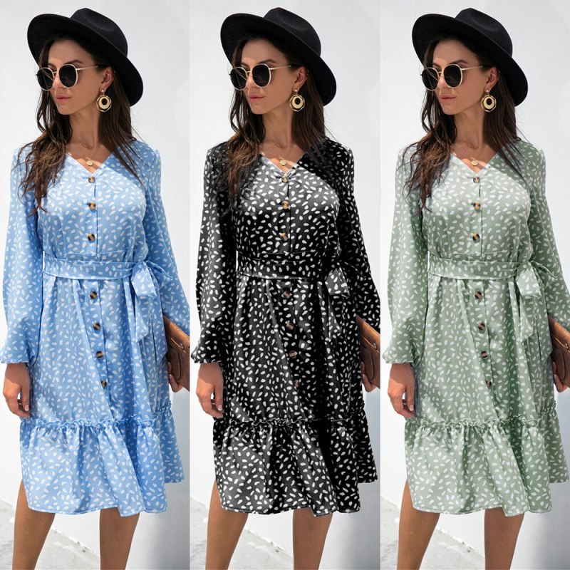 Ladies Ruffle Stitching Knee-Length Dresses For Women 2021 Spring And Autumn Button V-Neck Long-Sleeved Polka-Dot Dress Femme