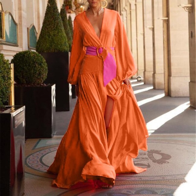Solid Color Split Dress Women's Casual Lace-up Dress Summer Fashion Long Sleeve V-neck High Waist Dress