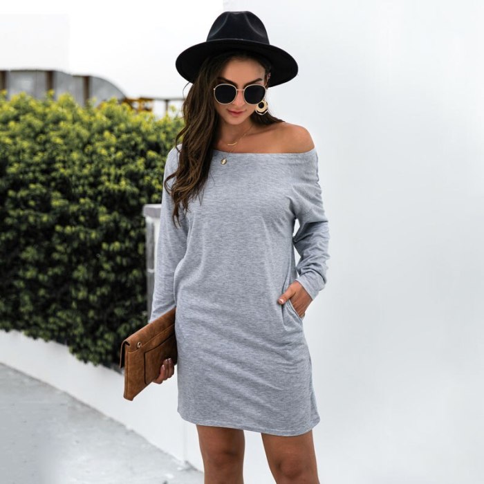 Off One Shoulder Long Sleeve Dress Women Fall 2021 New Casual T-Shirt Dresses Vestidos Mujer Solid Color Womans Clothing