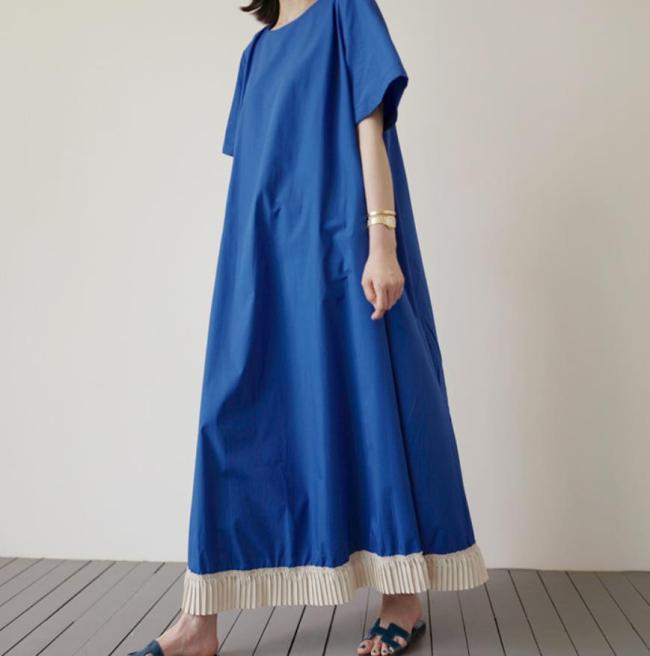 Korea Spring and Summer 2021 New Sweet Contrast Pleated Lace Long Maxi Dress Loose A-Line Blue Dress