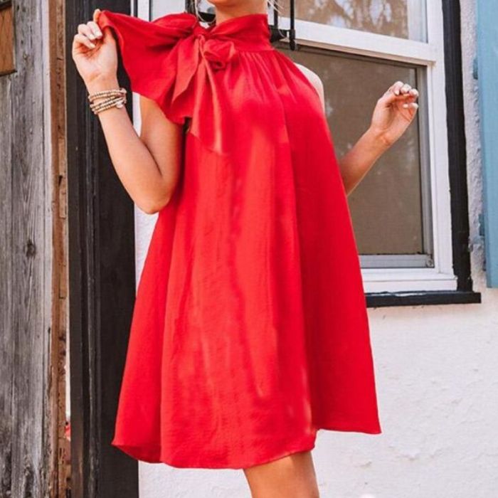 Solid Color Bow Halter Mini Dress Summer 2021 Elegant Casual Party Beach Style Dress Women Red Dresses