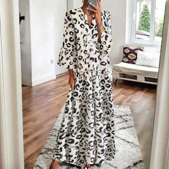 Classic Black Leopard Printed V-Neck 3/4 Sleeve Loose Maxi Dress