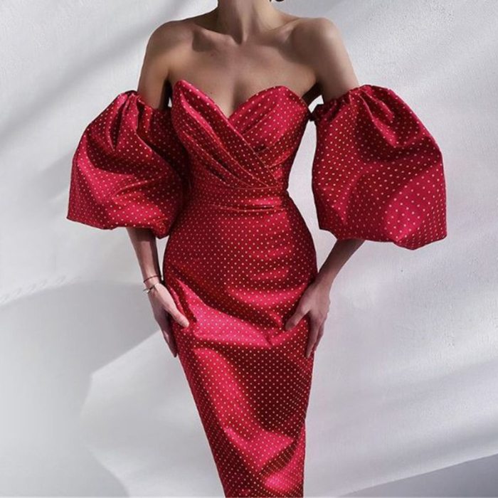 Solid Flower Print Off Shoulder Ruched Bodycon Women's Midi Dress Sexy Slim Long Puff Sleeve Elegant Dresses For New Year 2021