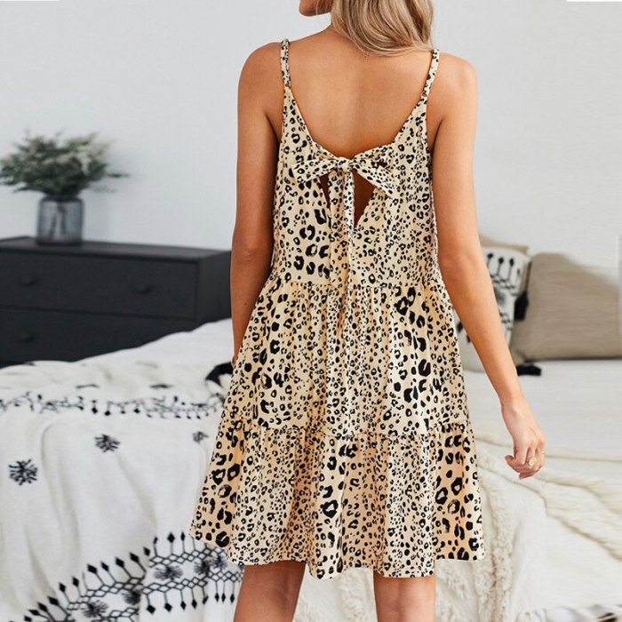 Summer Spaghetti Strap Leopard Print Dress Women Casual Sleeveless Beach Holiday Dress Back Bow Female A Line Party Vestido 2021