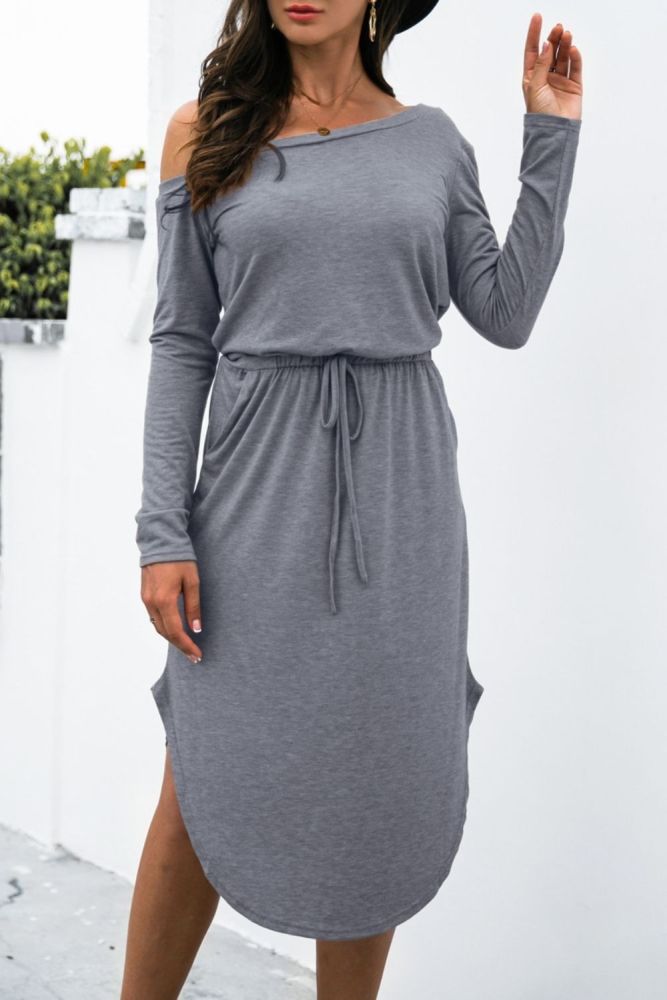 Cotton Sexy Off Shoulder Midi Dress Solid Casual Slim Drawstring High Waist Pocket Split Asymmetrical Dresses