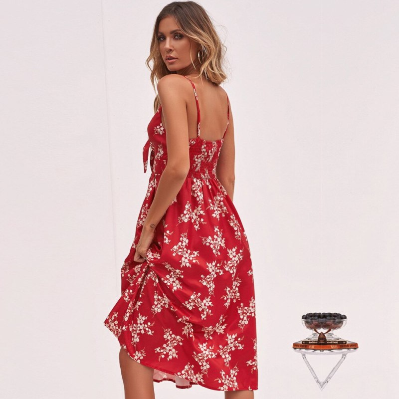 Summer Dress 2021Casual Flower Print Floral Slip Sundresses Backless Midi Red Dresses