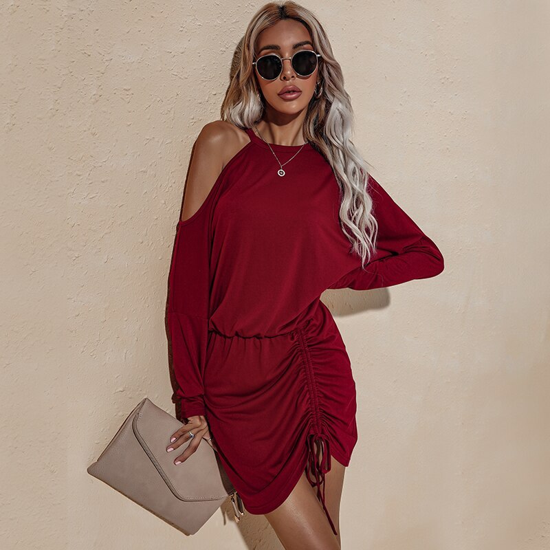 New Women Off-the-shoulder Wrap Dress Autumn Spring OL Solid Color Round Collar Batwing Sleeves Ruched Short Pencil Dress