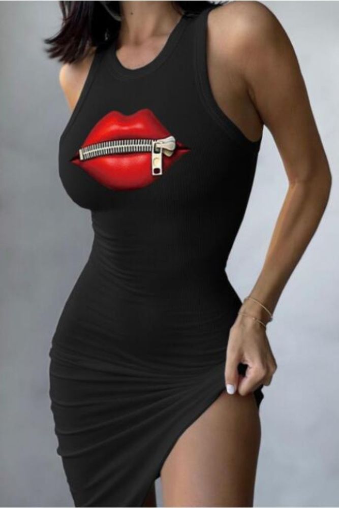 Sexy Lips Print Skinny Shirt Top Lady Sleeveless O Neck Slim Fit T-shirt Black