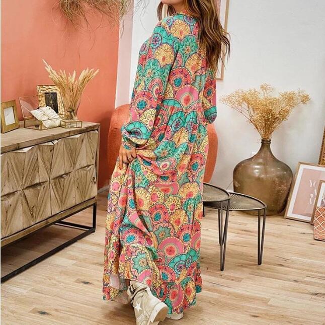 Plus size boho hippie chic verano Women bohemian tassel long sleeve v neck print loose maxi dress 2020 Vintage dress