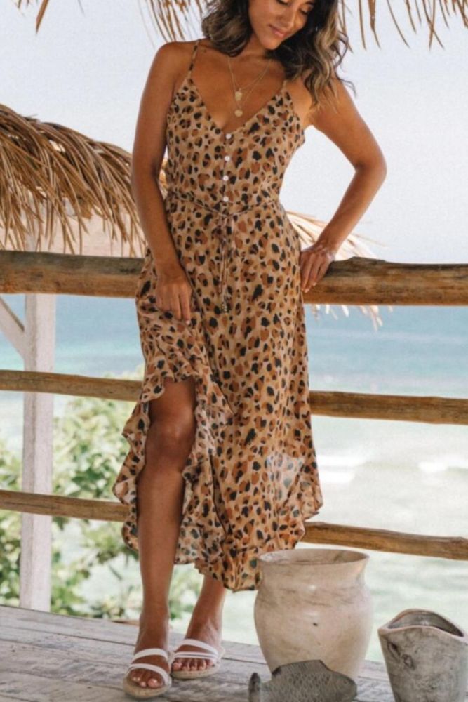 V neck leopard dot print summer long dress sundress Women sexy bandage summer dress Beach maxi boho Elegant Dress Robe