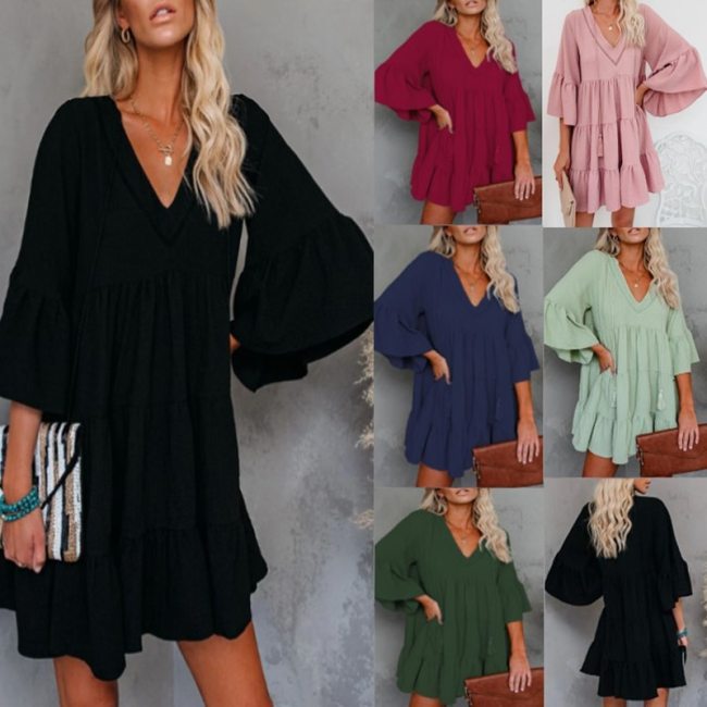 Women Loose Casual Dress New Style Lace-up Ruffles Solid Three Quarter Flare Sleeve Girls Dresses WL96