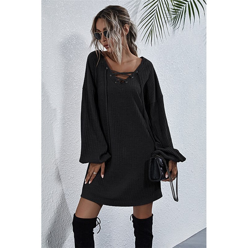 Knit Dress Long Sleeve V-neck Cross Tie Lantern Sleeve Autumn Winter Casual Short Loose Mini Dresses