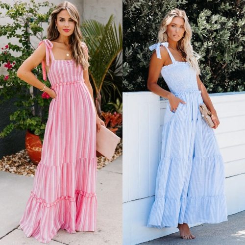 Colorful Striped Halter Sexy Backless Long Dress for Women Print Beach Boho Slim Elegant Pleated Maxi Dress