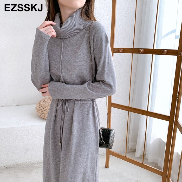 Turtleneck Loose Sweater Dress Knitted Sweaters Drawstring Dress