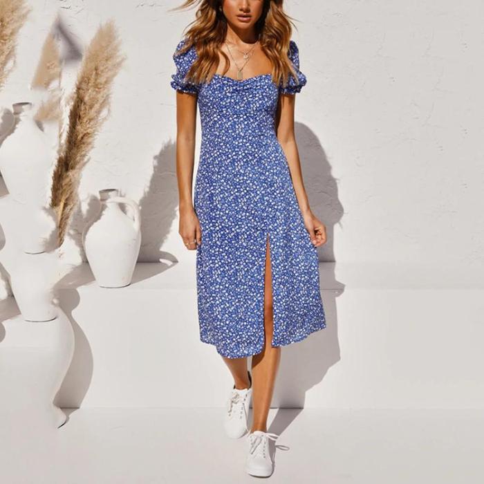 puff sleeves ruched bust split floral print midi dress