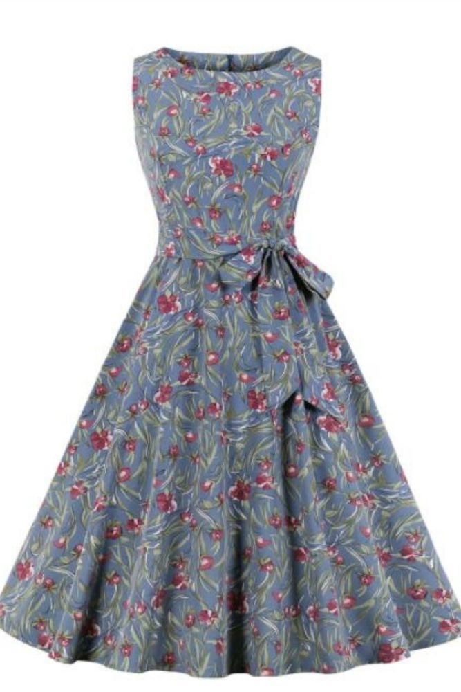 Tonval Tie Dye Print Sleeveless A Line Belted Summer Dress 2021 Women Round Neck Retro 50s Vintage Swing Dresses