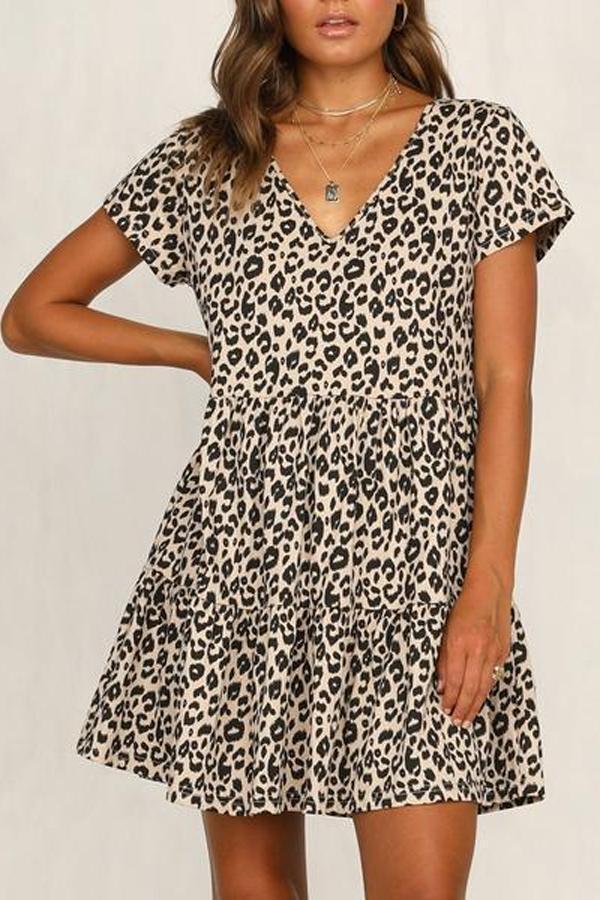 Fashion Sexy V-Neck Leopard Print Ruffled Dress