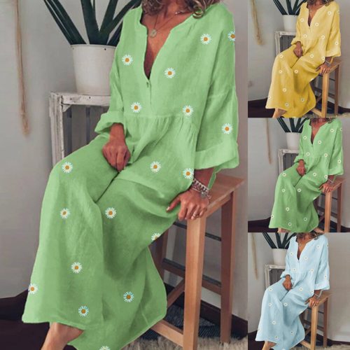 Women Dress Ladies Summer Fashion Casual Daisy Floral Print Long Sleeves Cotton V-Neck Loose Maxi Dress Plus Size