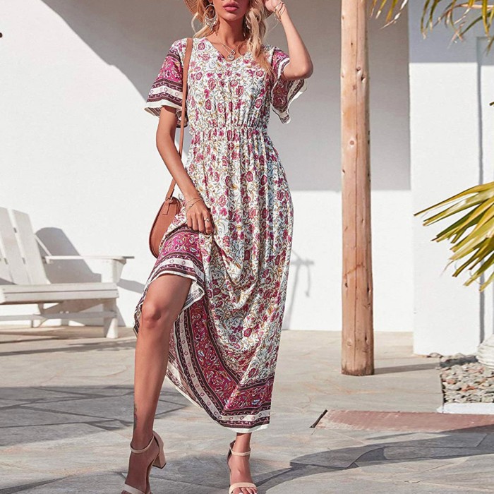 Bohemian Loose Dress Women’s Summer Foral Printing Short Sleeves Maxi Dress Sexy V Neck Pleated Beach Plus Size Long Dress