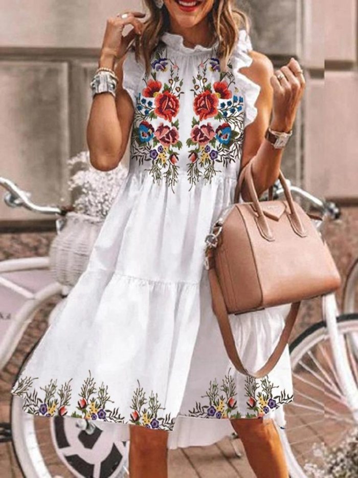 2021 Vacation Floral Printed Dress Summer Elegant Short Women Dresses Butterfly Sleeve Casual Ruffled Neck A-line Dresses Female