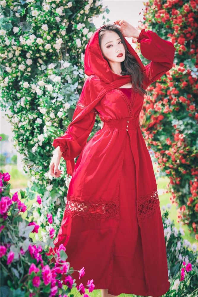 20121Fashion Hooded Dress Women's Elegant Long Sleeve Lace Patchwork Wine Red Vintage Party Dresses Vestidos