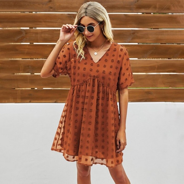 Women Dots V-Neck Mini Dress Short Sleeve Loose Swing Dress Female Casual Straight Dresses Mesh Through Short Dress