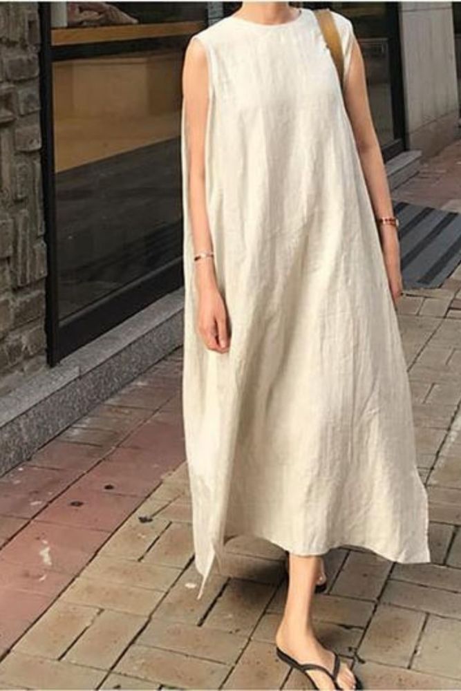 Round Neck Sleeveless Pullover Loose Floor Length Korea Styles Linen And Cotton Big Size Dress Girl'S Over Size 2A03601