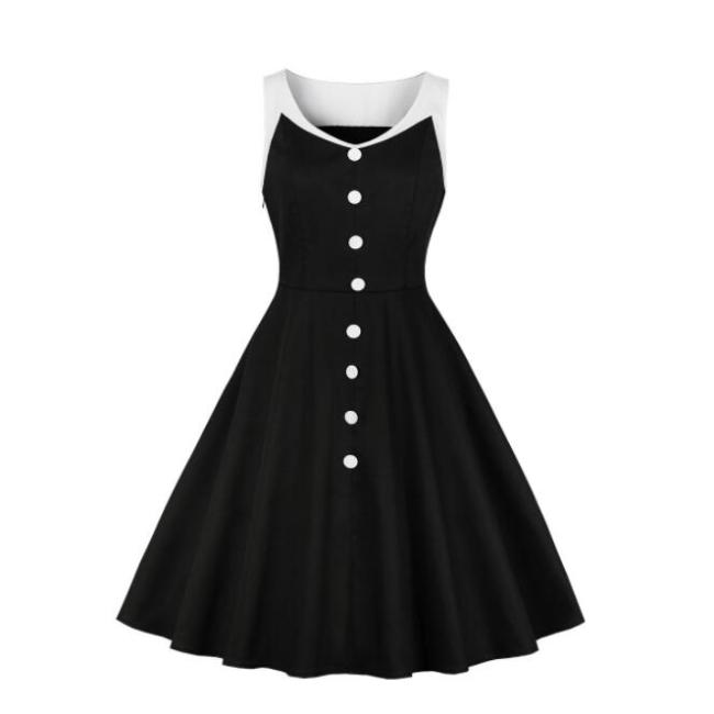 Tonval Women Single-Breasted Buttons Black Patchwork Vintage Rockabilly 50s Dress 2021 Summer Sleeveless Cotton A-Line Dresses