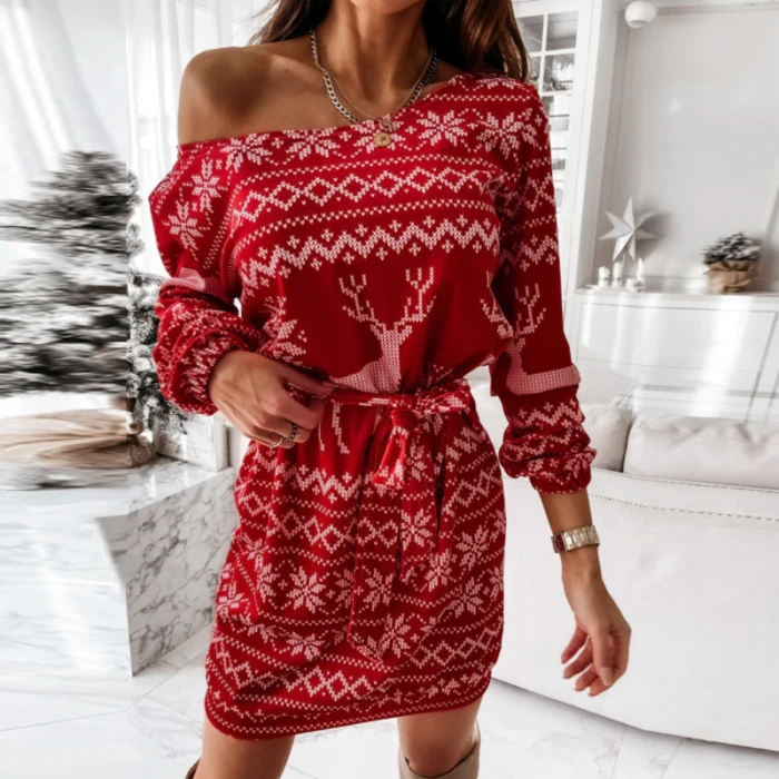 Christmas 2021 Elk Snowflake Print Party Dress Women Fashion Off Shoulder Mini Dresses Autumn O Neck Long Sleeve Bodycon Dress