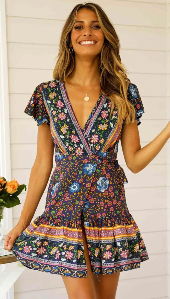 Vintage Chic fashion women hippie floral print V-neck sashes Bohemian mini dress ladies short sleeve wrap Boho beach sundress