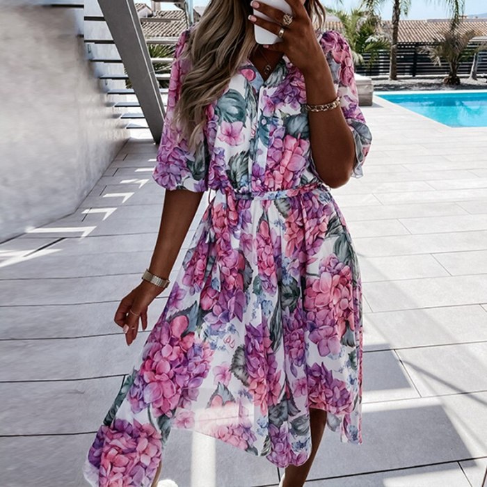 Summer Half Sleeve Floral Print Chiffon Dress Elegant Women V-Neck Button Midi Ladies Fashion Irregular Slim Party Dresses