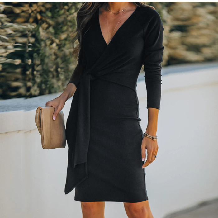 Autumn Sexy V-neck Mini Dress New Spring Fashion Casual Long Sleeve Black White Lady Office Beach Dresses For Women Robe Femme