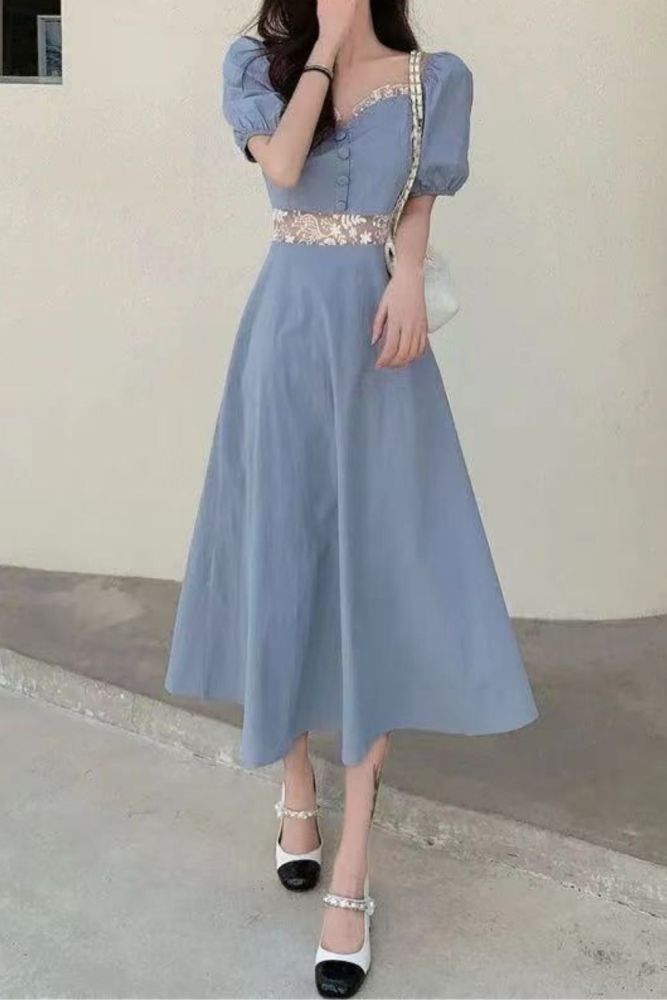 Short Sleeve Dresses Women Blue Original Design Lace Patchwork Empire Elegant Summer Classic Square Collar Temperament Vestidos