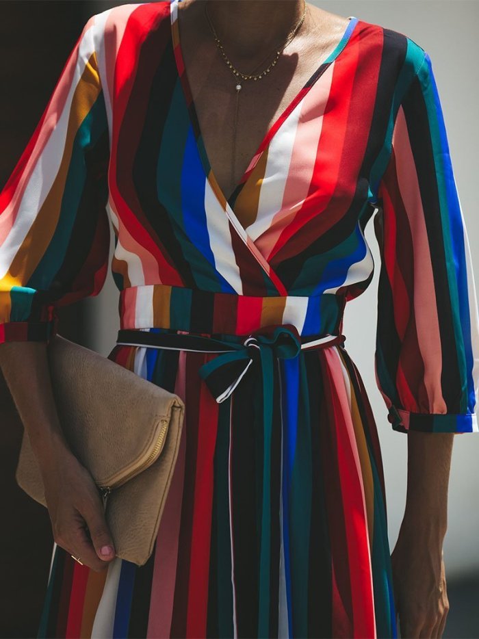 Fashion Printed Colour Halflong Sleeve Maxi Dresses