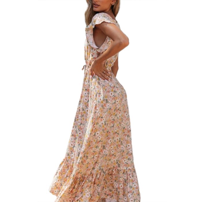 Floral Print Long Dress Boho Summer Vestidos Buttons Sashes Ladies Gypsy Maxi Dresses Casual Female Spring New