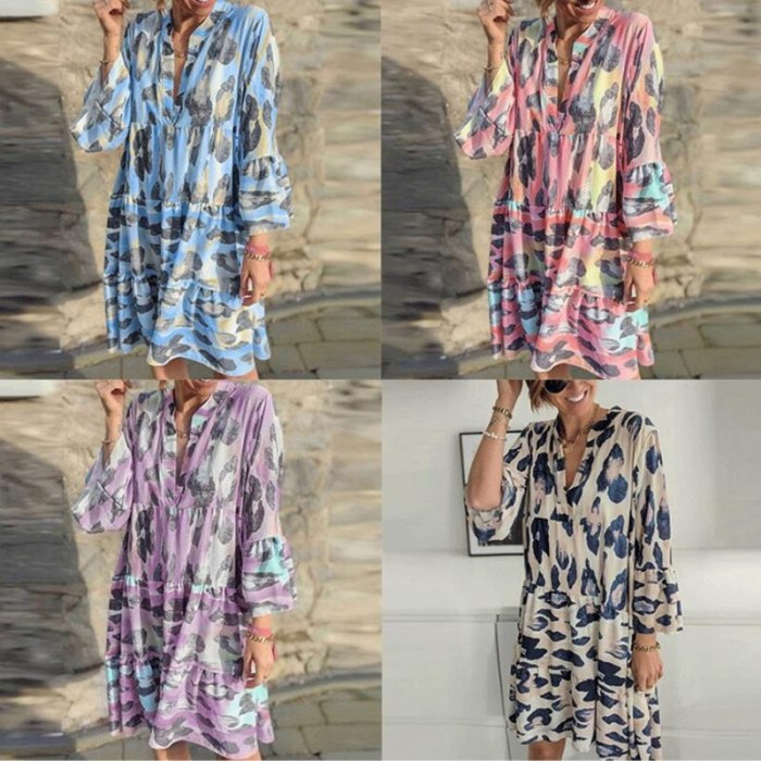Women Casual Loose Home Print Flare Sleeve Shirt Dress 2021 Fall Women Fashion Sexy V-neck Beach Dress