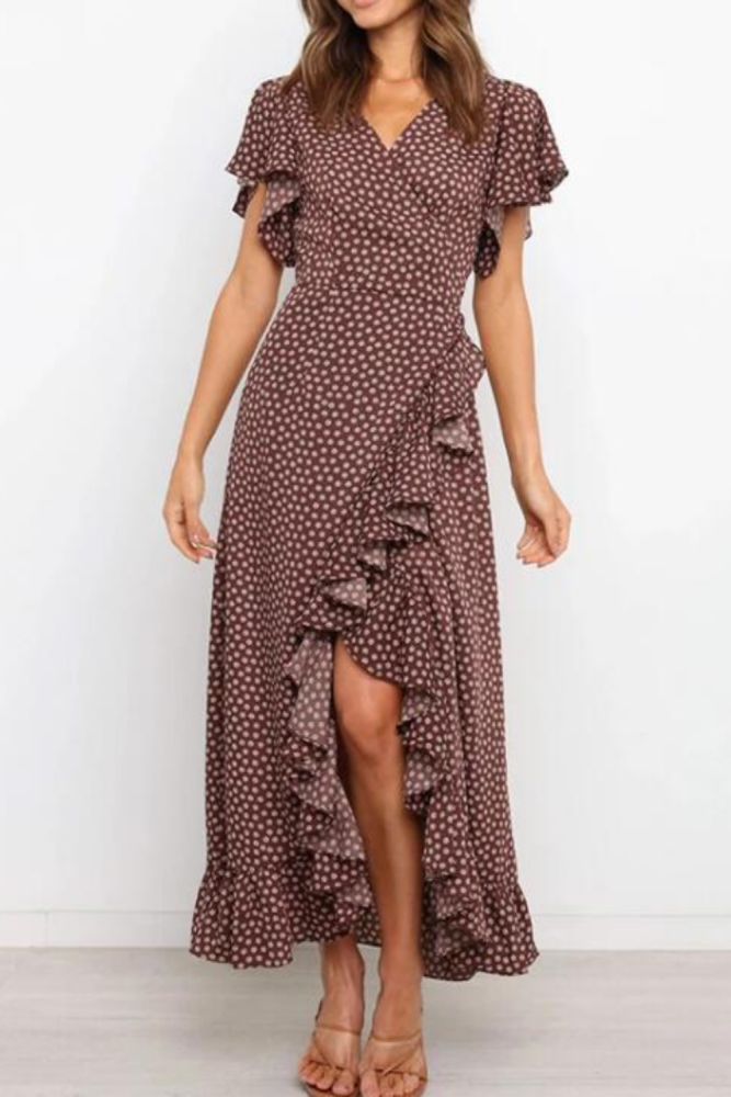 Elegant Ruffled V Neck Summer Maxi Dress Split Polka Dot Vintage Boho Sashes Ladies Vestido Party Dress