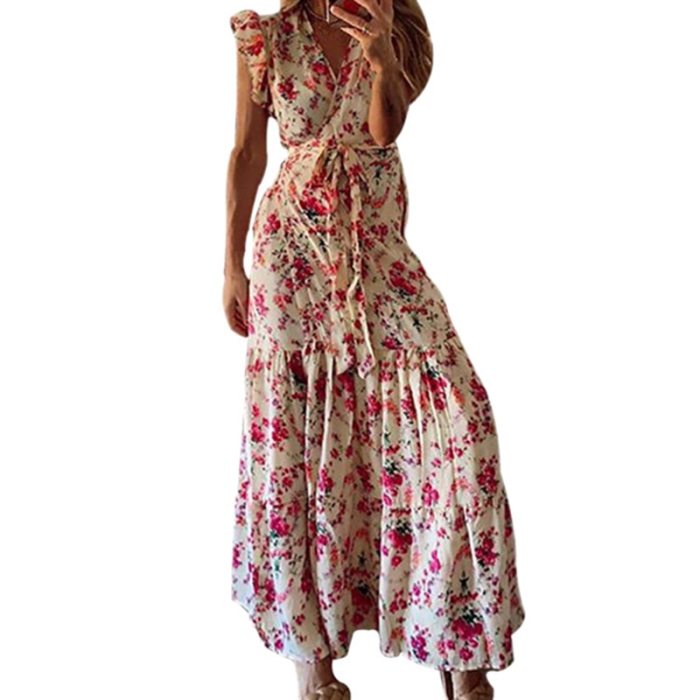 Women Summer Floral Print Long Maxi Dress Boho Beach Dress Short Sleeve Dress