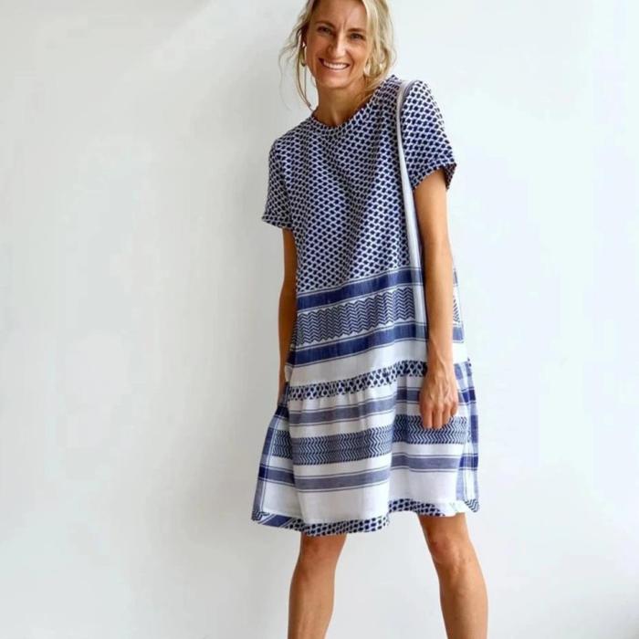 Simple Casual Blue Printed Loose Mini Dress