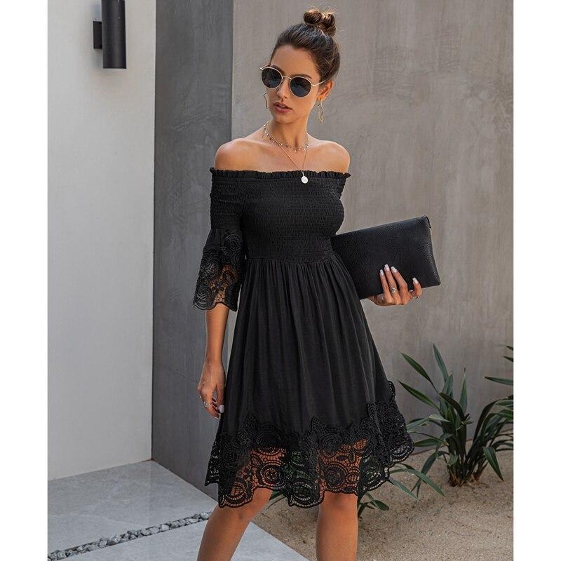 Sexy Off Shoulder Women Summer Dress Stitching Lace Female Short Sundress Summer Ladies Elastic Mini Dress