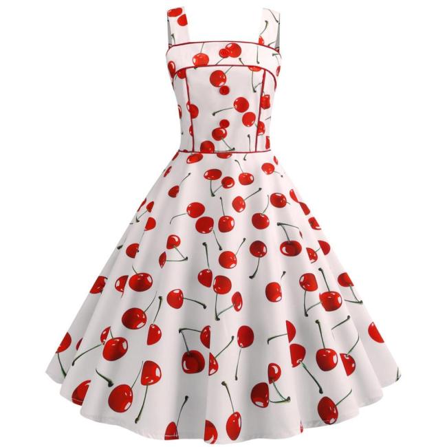 Cherry Print Vintage Dresses Summer 2020 Sleeveless Style Big Swing 1950s 60s Rockabilly Dress Big Swing Pinup Vestido