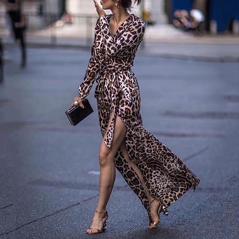 Sexy Leopard Print Side Vented Long Sleeve Vacation Maxi Dresses