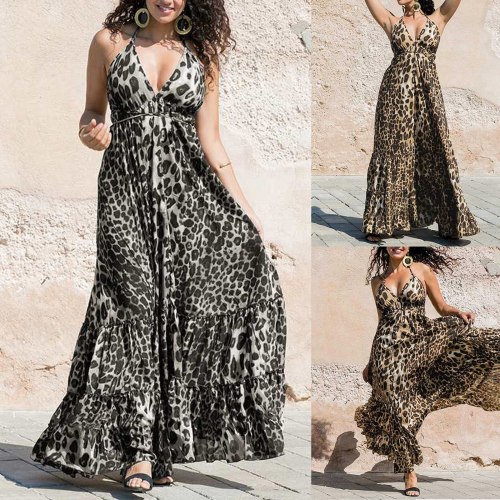 Women's Dress Leopard Printed V-Neck Sleeveless Sling Long Dress Summer Fashion Casual Ladies Sexy Tube Top Dresses 2021 New