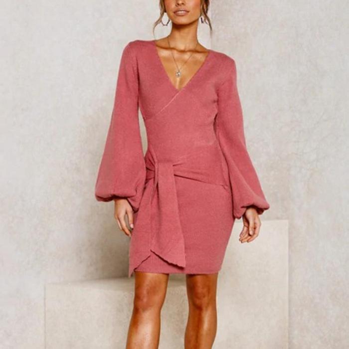 Long Sleeved And Solid V-neck Bodycon Dress